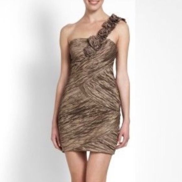 NWT BCBGMaxAzria Evangeline One Shoulder Mini Dress Evangeline in Fatigue - Picture 3 of 13